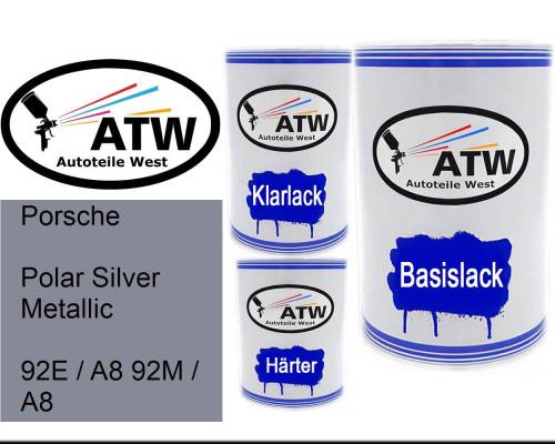 Porsche, Polar Silver Metallic, 92E / A8 92M / A8: 500ml Lackdose + 500ml Klarlack + 250ml Härter - Set, von ATW Autoteile West.